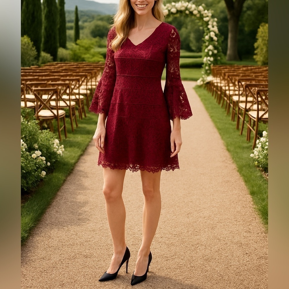 Davi & Dani NWT Burgundy Embroidered Lace Bell Sleeve l Round Neck Midi Dress L